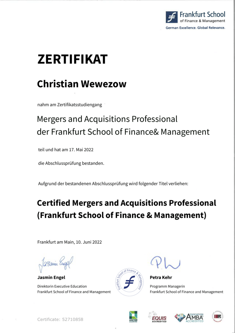Christian Wewezow erhält M&A-Zertifikat der Frankfurt School of Finance￼