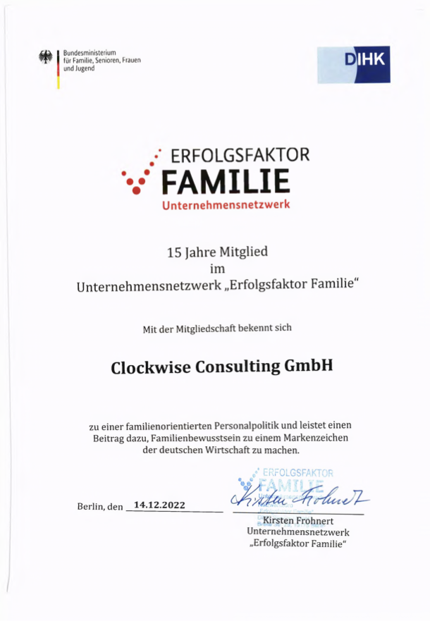 Clockwise Consulting ist seit 15 Jahren Mitglied im Unternehmensnetzwerk „Erfolgsfaktor Familie“